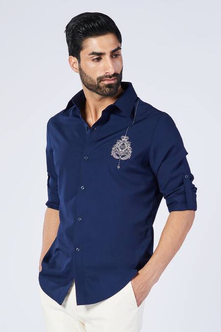 Buy_S&N By Shantnu Nikhil_Blue Viscose, Lycra Embroidery Placement Crest Work Tab Sleeve Shirt_Online_at_Aza_Fashions