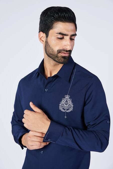 Shop_S&N By Shantnu Nikhil_Blue Viscose, Lycra Embroidery Placement Crest Work Tab Sleeve Shirt_Online_at_Aza_Fashions
