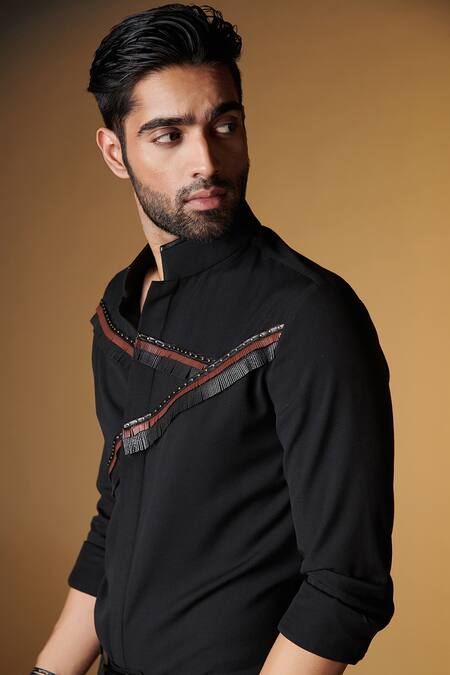Buy_S&N By Shantnu Nikhil_Black Rayon, Faux Leather Fabric Flowers, Fringe And Rivets Embellished Shirt_Online_at_Aza_Fashions