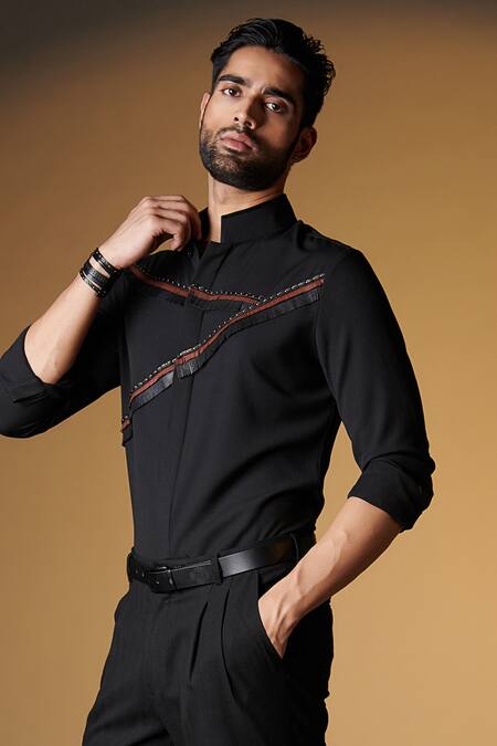Shop_S&N By Shantnu Nikhil_Black Rayon, Faux Leather Fabric Flowers, Fringe And Rivets Embellished Shirt_Online_at_Aza_Fashions