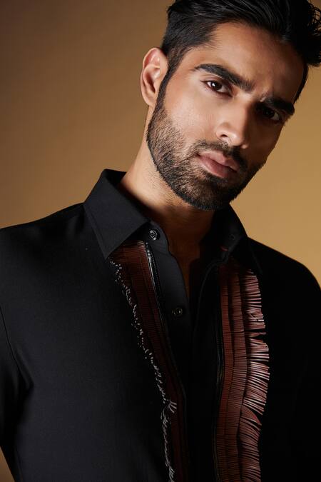 S&N By Shantnu Nikhil_Black Rayon, Faux Leather Fringe Embellished Shirt_Online_at_Aza_Fashions