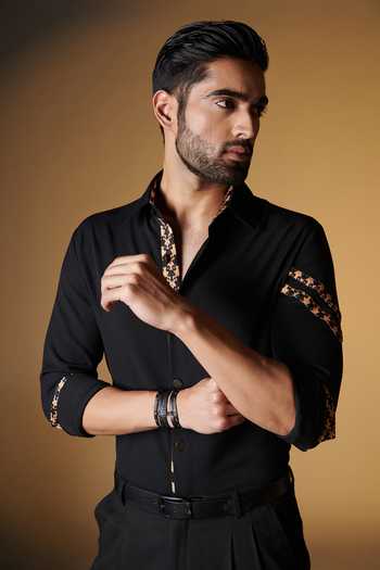 S&N By Shantnu Nikhil_Black Rayon, Faux Leather, Terylene Contrast Pattern Sleeve Shirt_Online_at_Aza_Fashions