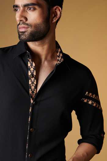 Buy_S&N By Shantnu Nikhil_Black Rayon, Faux Leather, Terylene Contrast Pattern Sleeve Shirt_Online_at_Aza_Fashions