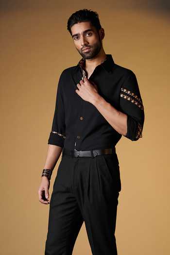 Shop_S&N By Shantnu Nikhil_Black Rayon, Faux Leather, Terylene Contrast Pattern Sleeve Shirt_Online_at_Aza_Fashions