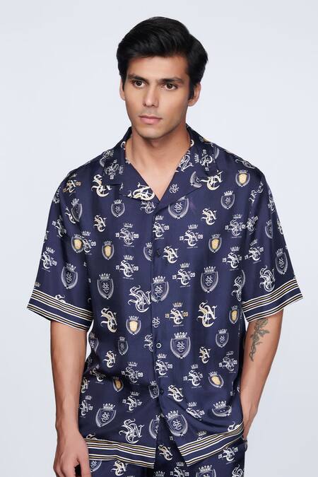 S&N By Shantnu Nikhil_Blue Twill, Silk Embroidery Sncc Logo Print Shirt_Online_at_Aza_Fashions
