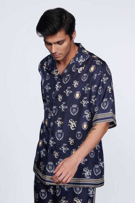 Buy_S&N By Shantnu Nikhil_Blue Twill, Silk Embroidery Sncc Logo Print Shirt_Online_at_Aza_Fashions