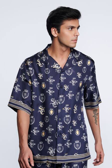 Shop_S&N By Shantnu Nikhil_Blue Twill, Silk Embroidery Sncc Logo Print Shirt_Online_at_Aza_Fashions