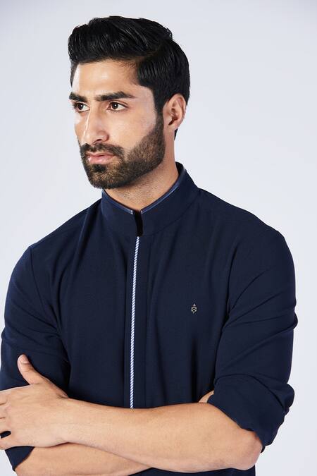 S&N By Shantnu Nikhil_Blue Lycra, Viscose, Nylon Printed Placket Shirt_Online_at_Aza_Fashions