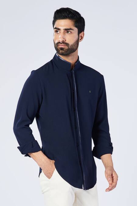 Buy_S&N By Shantnu Nikhil_Blue Lycra, Viscose, Nylon Printed Placket Shirt_Online_at_Aza_Fashions