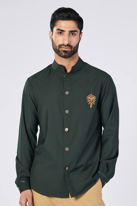 S&N By Shantnu Nikhil Green Viscose, Lycra Embroidery Handcrafted Crest Motif Shirt Online at Aza Fashions S&N By Shantnu Nikhil_Green Viscose, Lycra Embroidery Handcrafted Crest Motif Shirt_Online_at_Aza_Fashions