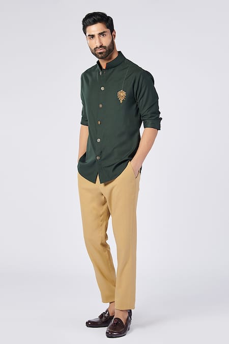 Buy S&N By Shantnu Nikhil Green Viscose, Lycra Embroidery Handcrafted Crest Motif Shirt Online at Aza Fashions Buy_S&N By Shantnu Nikhil_Green Viscose, Lycra Embroidery Handcrafted Crest Motif Shirt_Online_at_Aza_Fashions