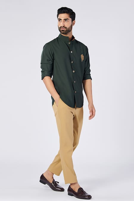 Shop S&N By Shantnu Nikhil Green Viscose, Lycra Embroidery Handcrafted Crest Motif Shirt Online at Aza Fashions Shop_S&N By Shantnu Nikhil_Green Viscose, Lycra Embroidery Handcrafted Crest Motif Shirt_Online_at_Aza_Fashions