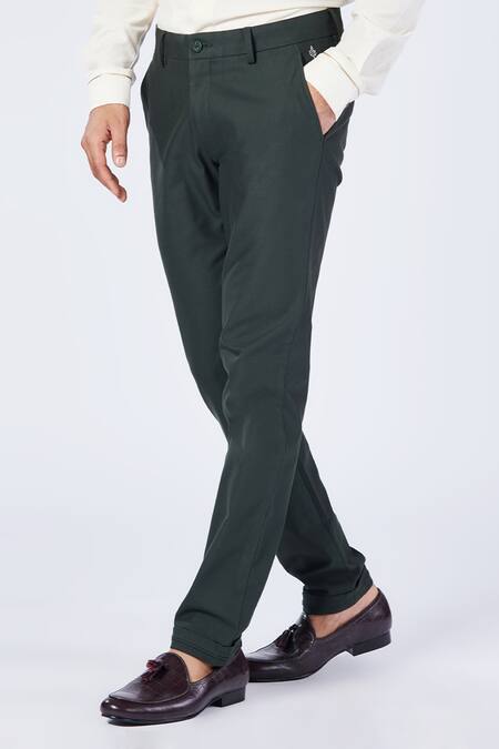 S&N By Shantnu Nikhil_Green Cotton, Lycra, Polyester Embroidery Placement Adamas Trouser _Online_at_Aza_Fashions