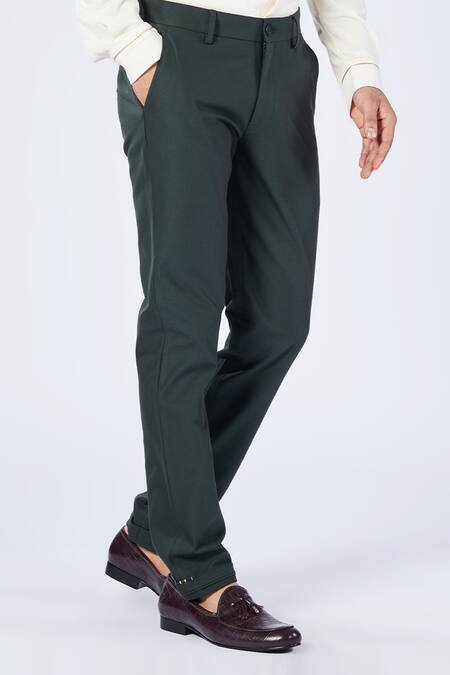Shop_S&N By Shantnu Nikhil_Green Cotton, Lycra, Polyester Embroidery Placement Adamas Trouser _Online_at_Aza_Fashions