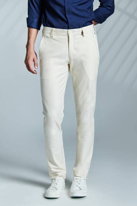 S&N By Shantnu Nikhil_Off White Cotton, Lycra Embroidery Adamas Trouser_Online_at_Aza_Fashions