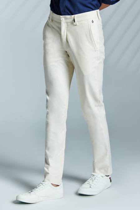 Buy_S&N By Shantnu Nikhil_Off White Cotton, Lycra Embroidery Adamas Trouser_Online_at_Aza_Fashions