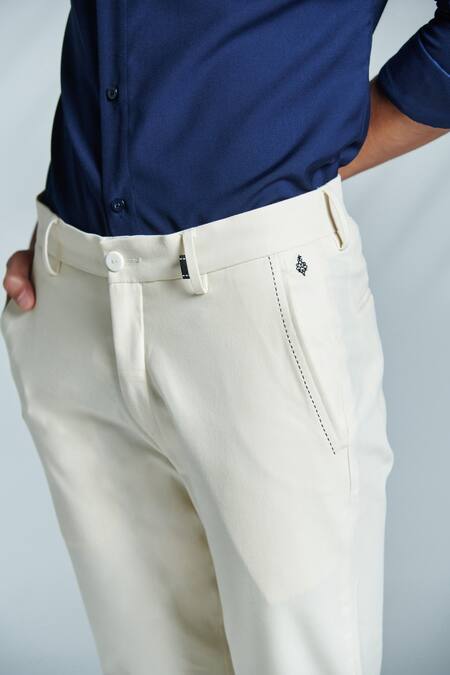 Shop_S&N By Shantnu Nikhil_Off White Cotton, Lycra Embroidery Adamas Trouser_Online_at_Aza_Fashions