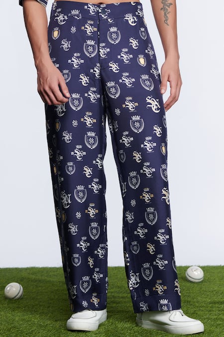 S&N By Shantnu Nikhil_Blue Twill, Silk Sncc Logo Print Trouser _Online_at_Aza_Fashions