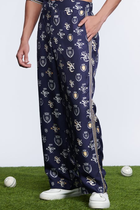 Buy_S&N By Shantnu Nikhil_Blue Twill, Silk Sncc Logo Print Trouser _Online_at_Aza_Fashions