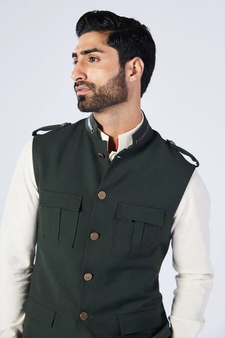 Buy_S&N By Shantnu Nikhil_Green Wool, Viscose, Polyester Metallic Button Down Waistcoat_Online_at_Aza_Fashions