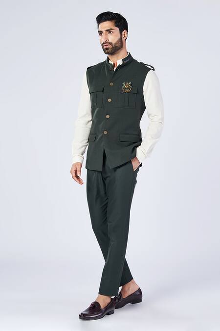 Shop_S&N By Shantnu Nikhil_Green Wool, Viscose, Polyester Metallic Button Down Waistcoat_Online_at_Aza_Fashions