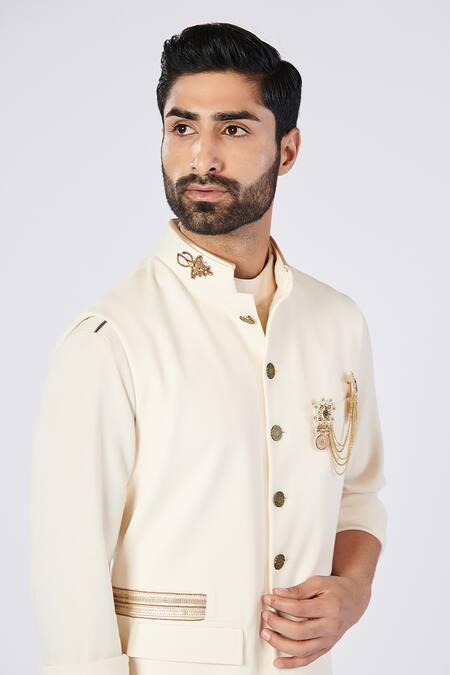 S&N By Shantnu Nikhil_Off White Polyester, Cotton, Faux Leather Embroidery Patchwork Waistcoat_Online_at_Aza_Fashions