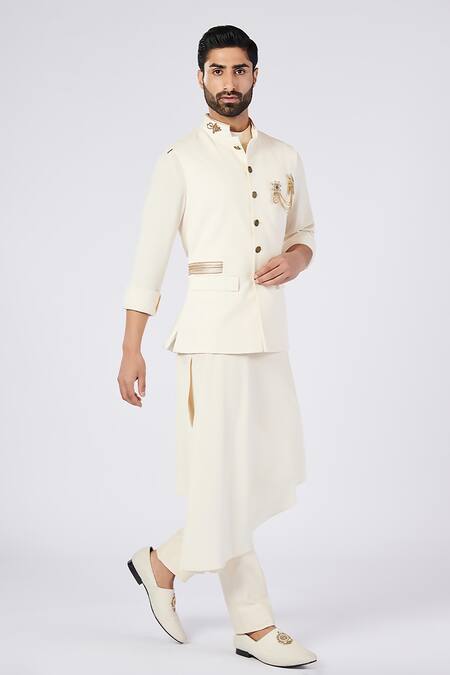 Shop_S&N By Shantnu Nikhil_Off White Polyester, Cotton, Faux Leather Embroidery Patchwork Waistcoat_Online_at_Aza_Fashions