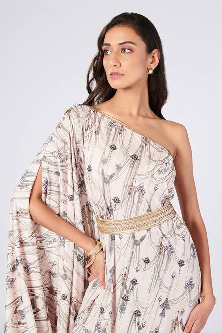 S&N By Shantnu Nikhil Off White Polyester Embroidery One Shoulder Printed Kurta Online at Aza Fashions S&N By Shantnu Nikhil_Off White Polyester Embroidery One Shoulder Printed Kurta_Online_at_Aza_Fashions
