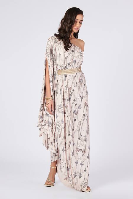 Shop S&N By Shantnu Nikhil Off White Polyester Embroidery One Shoulder Printed Kurta Online at Aza Fashions Shop_S&N By Shantnu Nikhil_Off White Polyester Embroidery One Shoulder Printed Kurta_Online_at_Aza_Fashions