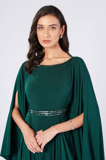 S&N By Shantnu Nikhil_Emerald Green Polyester Embroidery Boat Neck Asymmetric Draped Dress_Online_at_Aza_Fashions