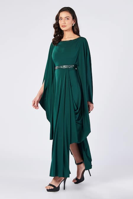 Buy_S&N By Shantnu Nikhil_Emerald Green Polyester Embroidery Boat Neck Asymmetric Draped Dress_Online_at_Aza_Fashions