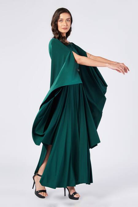 Shop_S&N By Shantnu Nikhil_Emerald Green Polyester Embroidery Boat Neck Asymmetric Draped Dress_Online_at_Aza_Fashions