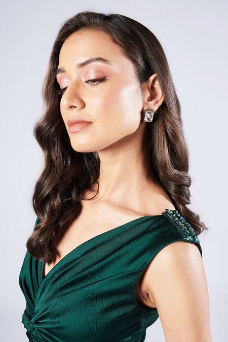 Buy_S&N By Shantnu Nikhil_Emerald Green Polyester Metallic Thread V-neck Front Twisted Draped Dress_Online_at_Aza_Fashions