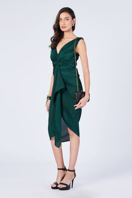 Shop_S&N By Shantnu Nikhil_Emerald Green Polyester Metallic Thread V-neck Front Twisted Draped Dress_Online_at_Aza_Fashions
