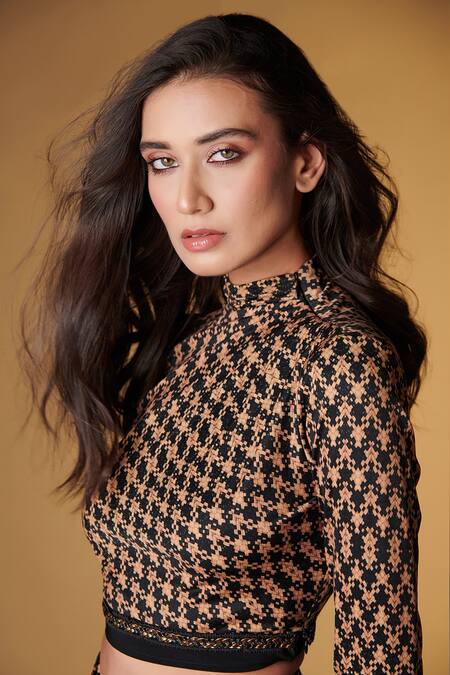 Buy S&N By Shantnu Nikhil Beige Polyester, Faux Leather High Neck Printed Crop Top Online at Aza Fashions Buy_S&N By Shantnu Nikhil_Beige Polyester, Faux Leather High Neck Printed Crop Top_Online_at_Aza_Fashions