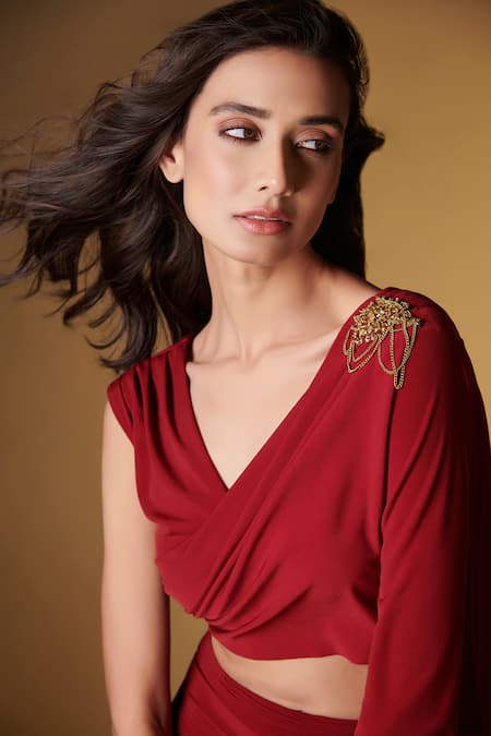 Buy_S&N By Shantnu Nikhil_Maroon Polyester, Faux Leather Chains V-neck V Draped Top_Online_at_Aza_Fashions