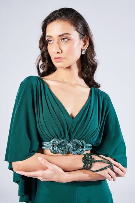 S&N By Shantnu Nikhil Emerald Green Polyester V-neck Draped Sleeve Crop Top Online at Aza Fashions S&N By Shantnu Nikhil_Emerald Green Polyester V-neck Draped Sleeve Crop Top_Online_at_Aza_Fashions