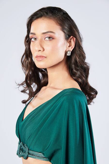 Buy S&N By Shantnu Nikhil Emerald Green Polyester V-neck Draped Sleeve Crop Top Online at Aza Fashions Buy_S&N By Shantnu Nikhil_Emerald Green Polyester V-neck Draped Sleeve Crop Top_Online_at_Aza_Fashions