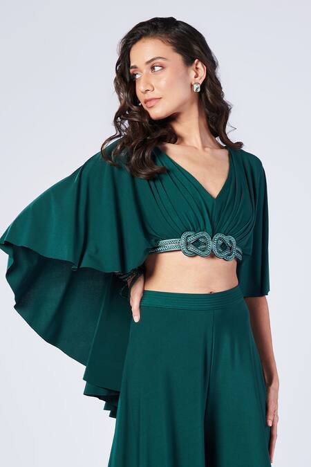 Shop S&N By Shantnu Nikhil Emerald Green Polyester V-neck Draped Sleeve Crop Top Online at Aza Fashions Shop_S&N By Shantnu Nikhil_Emerald Green Polyester V-neck Draped Sleeve Crop Top_Online_at_Aza_Fashions