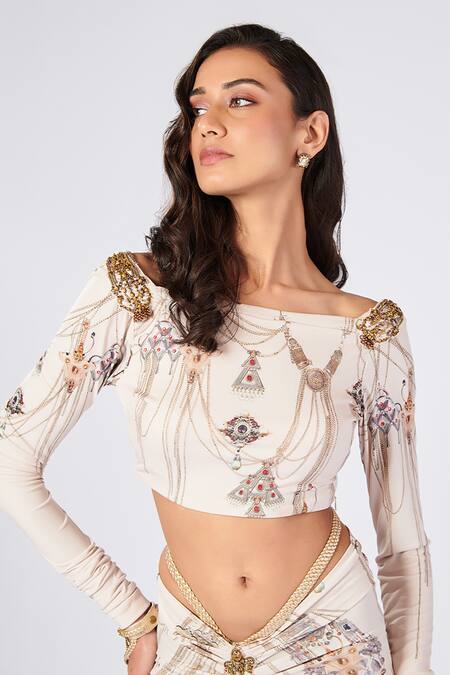 S&N By Shantnu Nikhil_Off White Polyester Embroidery Boat Neck Jewel Print Crop Top_Online_at_Aza_Fashions