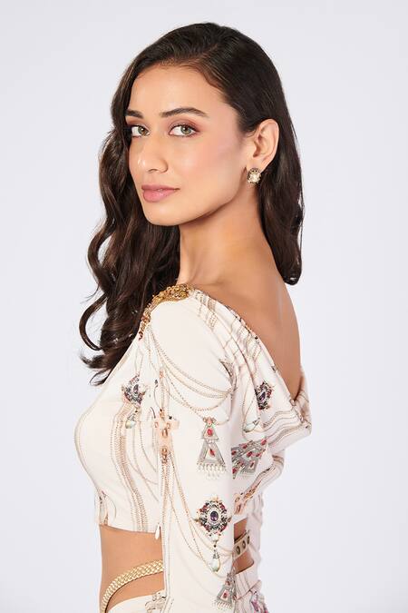 Buy_S&N By Shantnu Nikhil_Off White Polyester Embroidery Boat Neck Jewel Print Crop Top_Online_at_Aza_Fashions