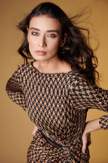 S&N By Shantnu Nikhil_Beige Polyester, Faux Leather Boat Neck Geometric Print Draped Gown_Online_at_Aza_Fashions