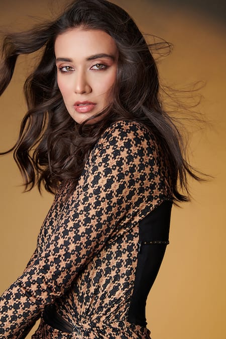 Shop_S&N By Shantnu Nikhil_Beige Polyester, Faux Leather Boat Neck Geometric Print Draped Gown_Online_at_Aza_Fashions