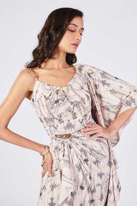 S & N By Shantnu Nikhil_Off White Chiffon, Polyester Embroidery Jewel Print Draped Saree Gown _Online_at_Aza_Fashions