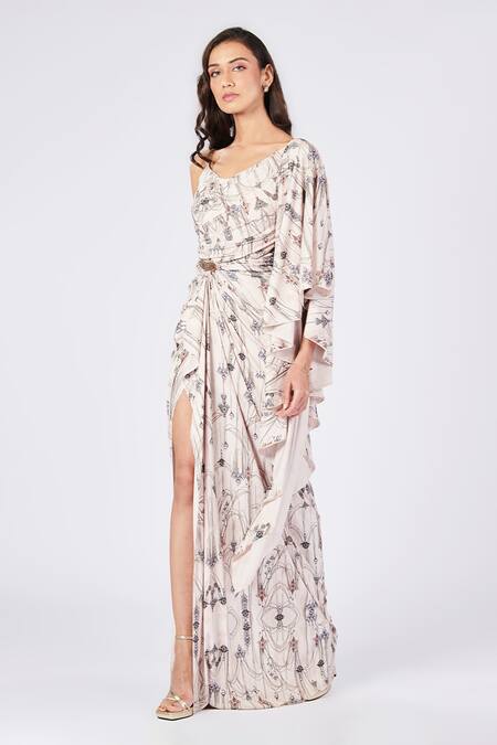 Buy_S & N By Shantnu Nikhil_Off White Chiffon, Polyester Embroidery Jewel Print Draped Saree Gown _Online_at_Aza_Fashions