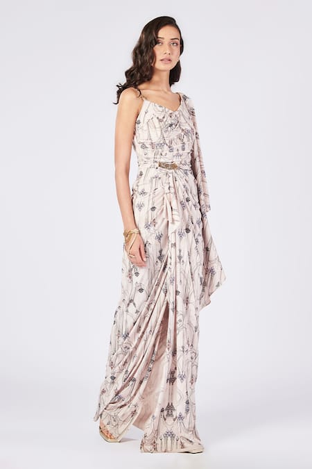 Shop_S & N By Shantnu Nikhil_Off White Chiffon, Polyester Embroidery Jewel Print Draped Saree Gown _Online_at_Aza_Fashions