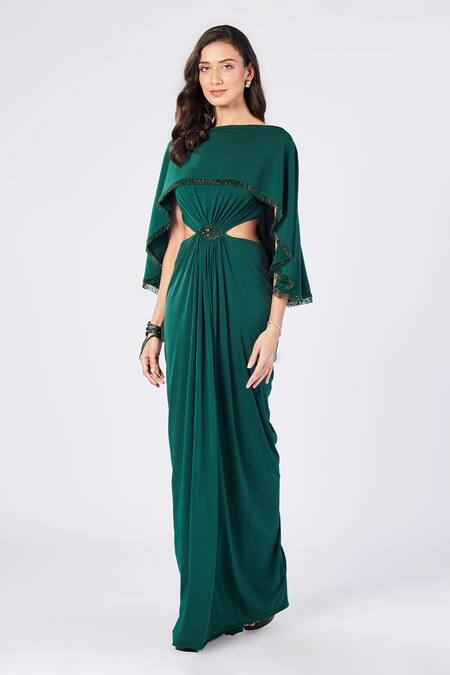 S&N By Shantnu Nikhil_Emerald Green Polyester High Neck Cutout Draped Gown_Online_at_Aza_Fashions