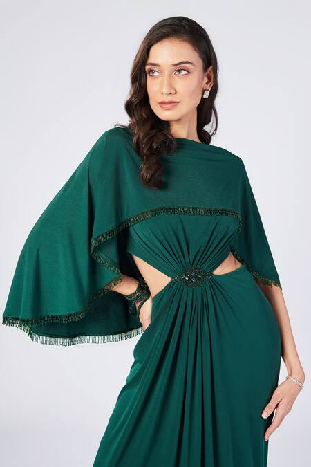 Buy_S&N By Shantnu Nikhil_Emerald Green Polyester High Neck Cutout Draped Gown_Online_at_Aza_Fashions