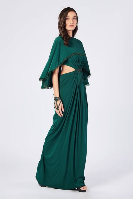 Shop_S&N By Shantnu Nikhil_Emerald Green Polyester High Neck Cutout Draped Gown_Online_at_Aza_Fashions