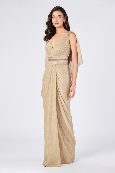 Buy_S&N by Shantnu Nikhil_Gold Georgette V-neck Embellished Draped Gown _Online_at_Aza_Fashions